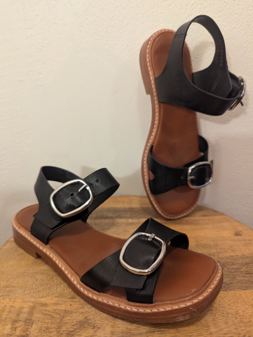 Everlane Twin Buckle Sandal, Black, Brown, & Silver (SIZE 5)